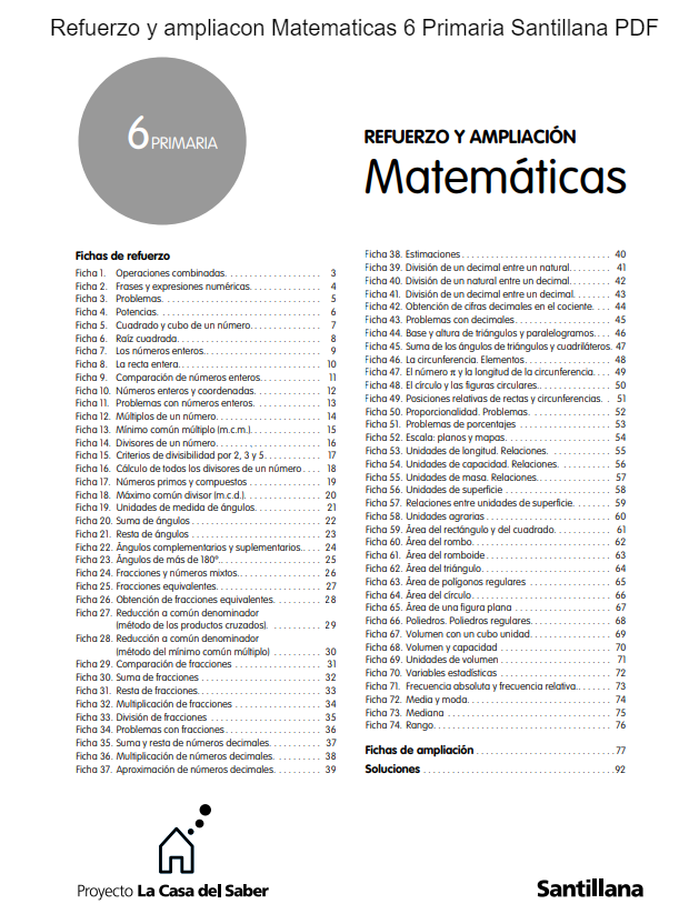 Santillana PDF Matemáticas 6 Primaria Refuerzo y Ampliación, Material Fotocopiable, Examen, Solucionario y Libro Completo